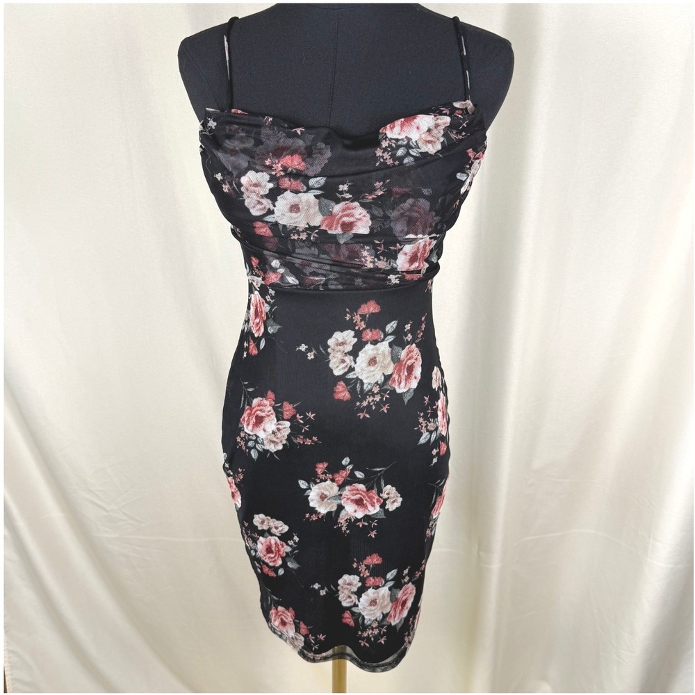 Windsor Black Rose Floral Draped Mesh Mini Dress S EUC Dark Romance Vamp Goth